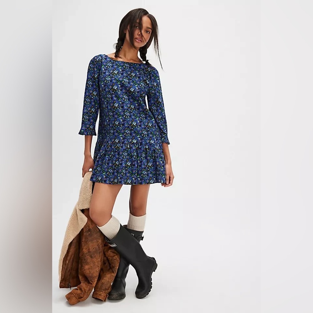 NWOT Free People The Avenue Mini Floral Ruffle Cutout Scoop Neck Dress XS
